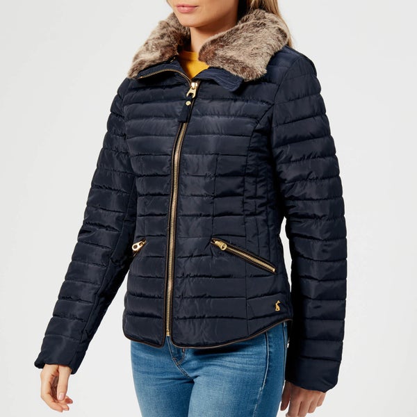 Joules Women's Gosling Short Padded Coat with Faux Fur Trimmed Hood - Navy