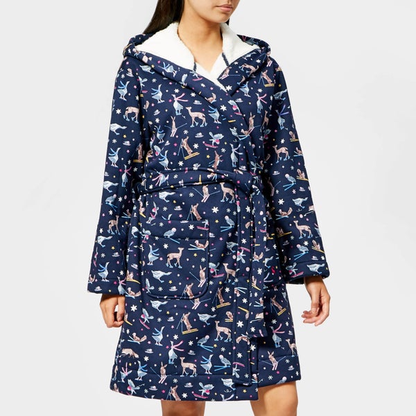 Joules Women's Idlewhile Fleece Inner Dressing Gown - Navy Woodland