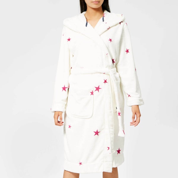 Joules Women's Rita Hooded Fleece Dressing Gown - Cream Fuchsia Star