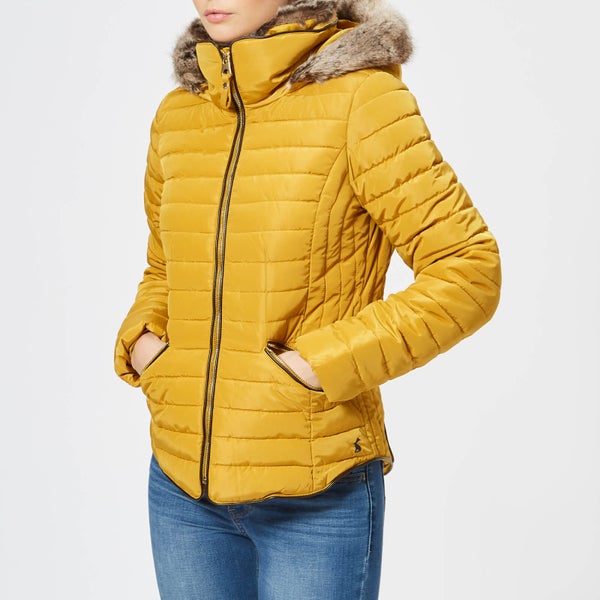 Joules Women's Gosling Short Padded Coat with Faux Fur Trimmed Hood - Caramel