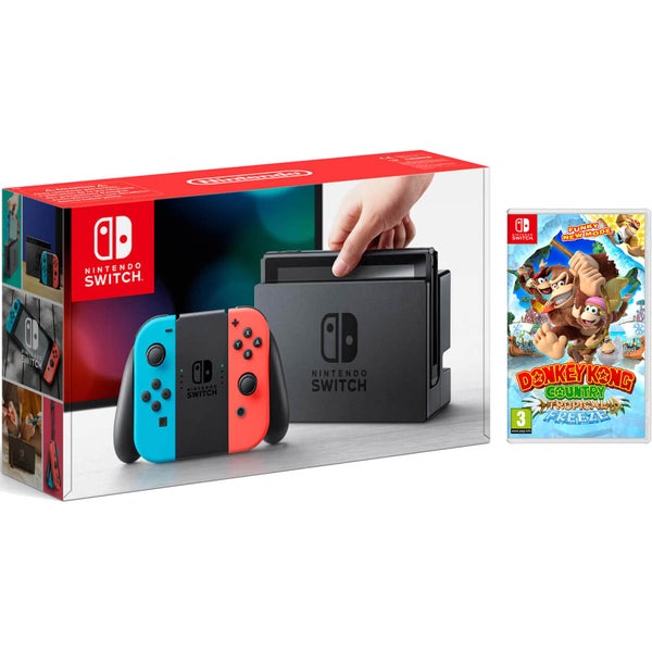 Nintendo Switch Console With Neon Red/Neon Blue Joy-Con & Donkey Kong Tropical Freeze