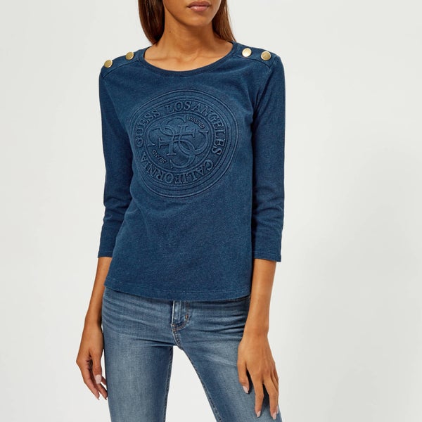 Guess Women's Crew Neck Trademark Knitted T-Shirt - Indigo Blue