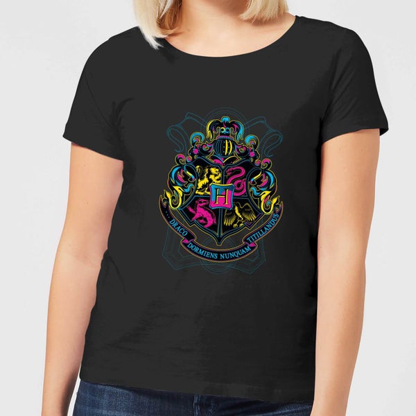 Harry Potter Neon Hogwarts Crest Dames T-shirt - Zwart