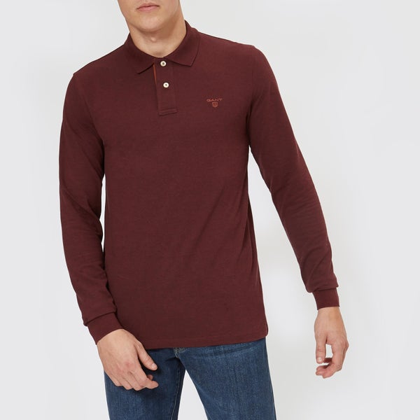 GANT Men's Contrast Collar Long Sleeve Pique Polo Shirt - Dark Burgundy