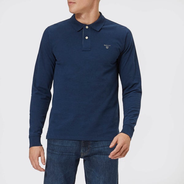 GANT Men's Contrast Collar Long Sleeve Pique Polo Shirt - Dark Indigo Melange