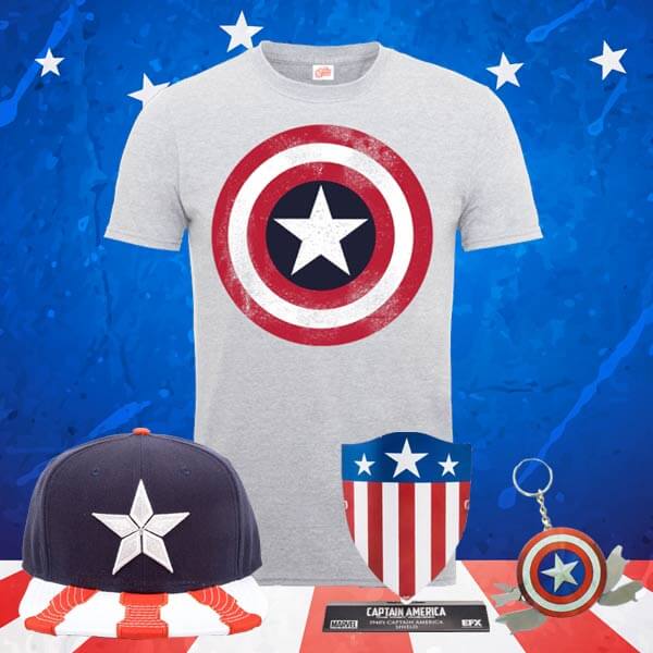 Lot Captain America - T-Shirt, Casquette, Bouclier et Porte-Clé