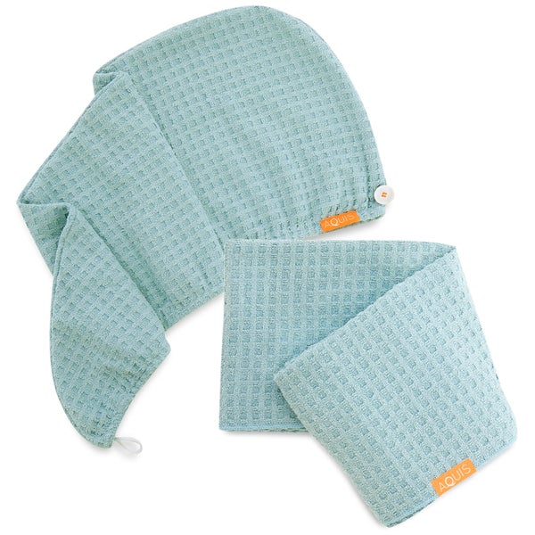 Aquis Dream Boat Blue Waffle Hair Turban + Dream Boat Blue Waffle Hair Towel Bundle (Worth £75)