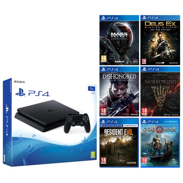 Sony PlayStation 4 Slim 1TB Including God of War, Mass Effect Andromeda, Resident Evil Biohazard, Deus Ex: Mankind Divided, Dishonored: Death of the Outsider & The Elder Scrolls Online: Morrowind