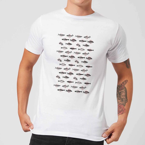 Florent Bodart Fish In Geometric Pattern Men's T-Shirt - White - 5XL - Wit