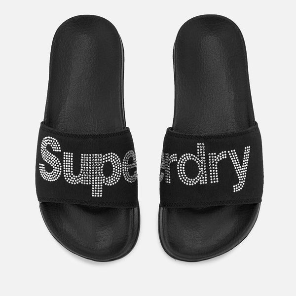 Superdry Women's Pool Slide Sandals - Black/Silver Rhinestone