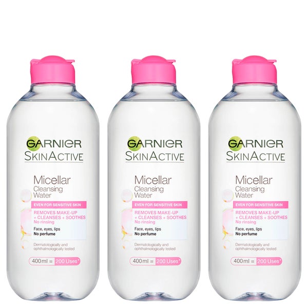 Garnier Micellar Water Facial Cleanser and Makeup Remover for Sensitive Skin 400ml (Pack of 3)