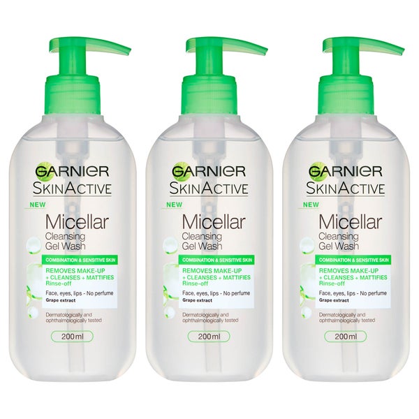 Garnier Micellar Gel Face Wash Combination & Sensitive Skin 200 ml (pakke med 3)