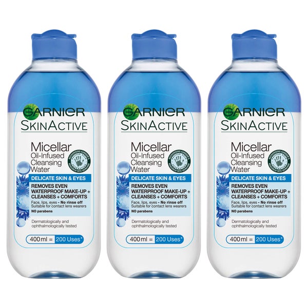 Garnier Micellar Water Facial Cleanser and Makeup Remover for Delicate Skin and Eyes 400ml (Pack of 3)