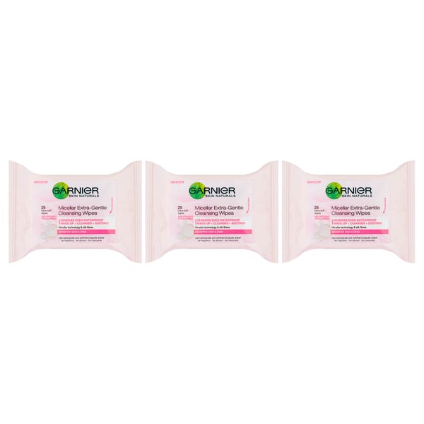 Garnier Micellar Extra-Gentle Cleansing Wipes Sensitive Skin -puhdistusliinat, 25 liinaa (3 kpl:n pakkaus)