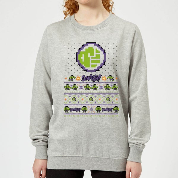 Marvel Avengers Hulk Smash! Pixel Art Women's Christmas Sweatshirt - Grey