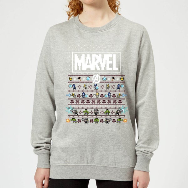 Marvel Avengers Pixel Art Damen Weihnachtspullover - Grau