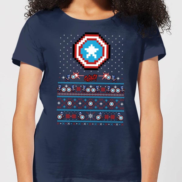 T-Shirt de Noël Femme Marvel Avengers Captain America Pixel Art - Bleu Marine