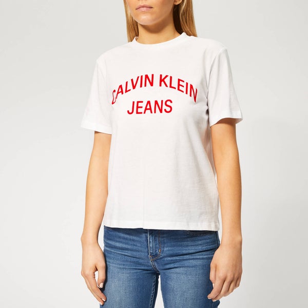 Calvin Klein Jeans Women's Institutional Curved Logo Straight T-Shirt - Bright White