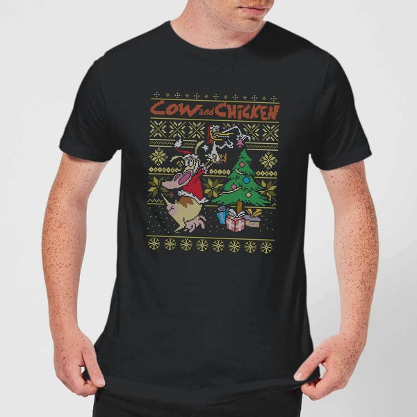 Cow and Chicken Cow And Chicken Pattern Men's Christmas T-Shirt - Black