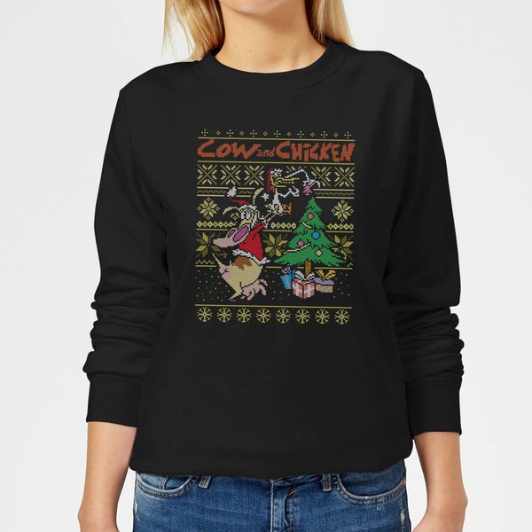 Cow and Chicken Cow And Chicken Pattern Women's Christmas Jumper - Black