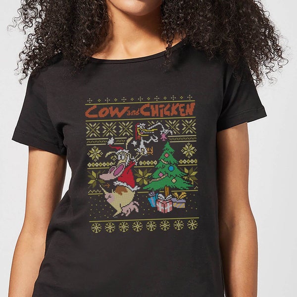 Cow and Chicken Cow And Chicken Pattern Women's Christmas T-Shirt - Black