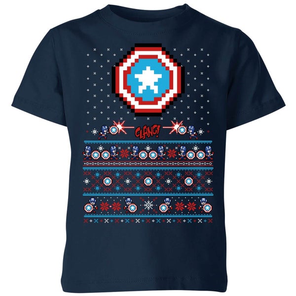 Marvel Avengers Captain America Pixel Art Kids Christmas T-Shirt - Navy