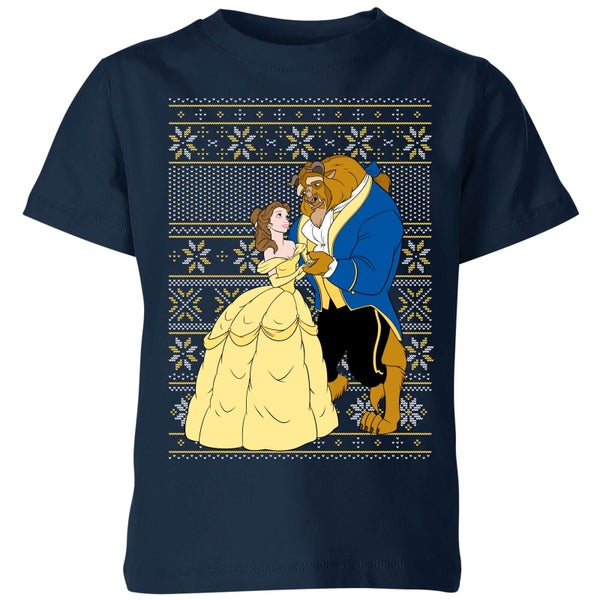 Disney Classic Beauty and The Beast Pattern Kids Christmas T-Shirt - Navy