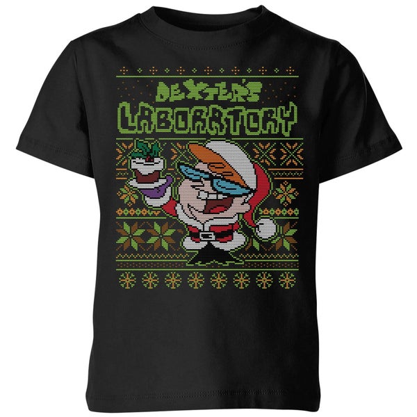 Dexter's Lab Pattern Kids' Christmas T-Shirt - Black