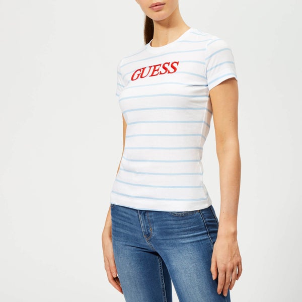 Guess Women's Lacquered T-Shirt - White/Blue Stripe