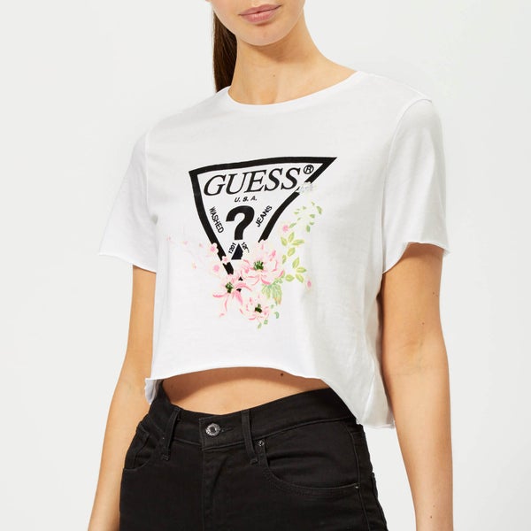 Guess Women's Cropped Floral Logo Top - Optic White