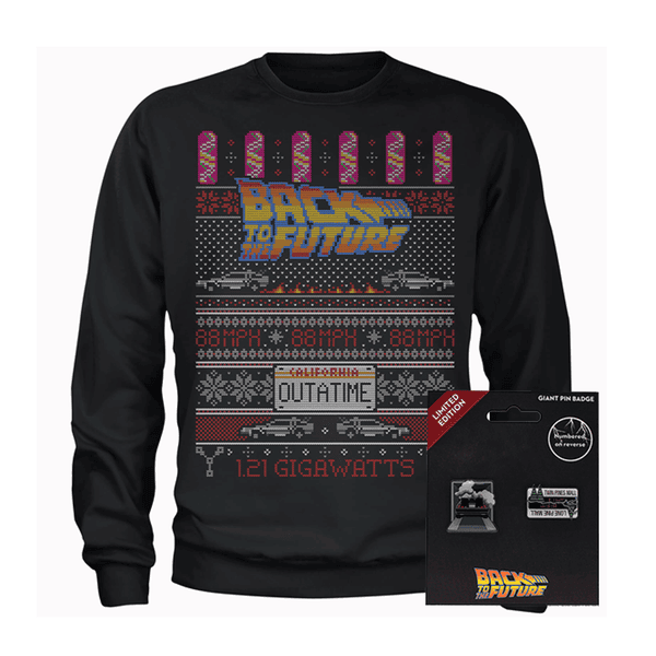 Back To The Future OUTATIME Men's Christmas Sweatshirt and Pin Badge Bundle