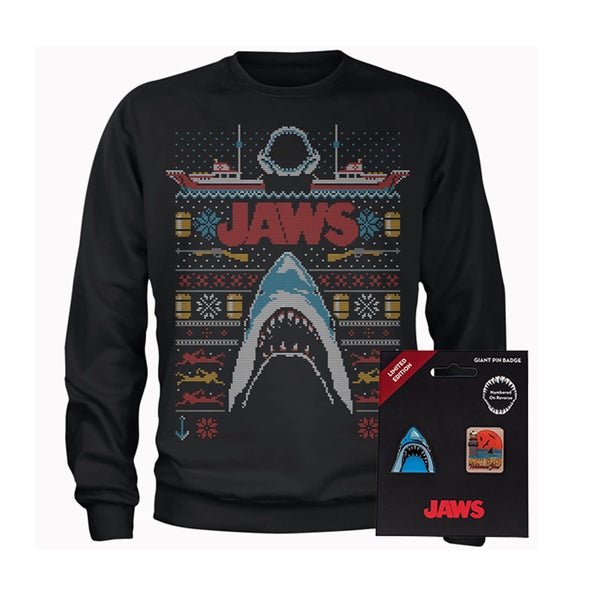 Jaws Fairisle Men's Christmas Sweatshirt and Pin Badge Bundle