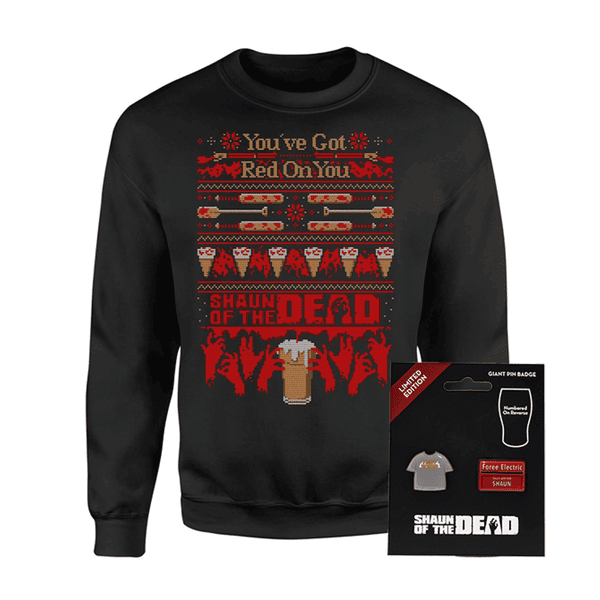Shaun Of The Dead You've Got Red On You Christmas Sweatshirt and Pin Badge Bundle