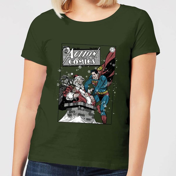 DC Superman Action Comics Women's Christmas T-Shirt - Forest Green