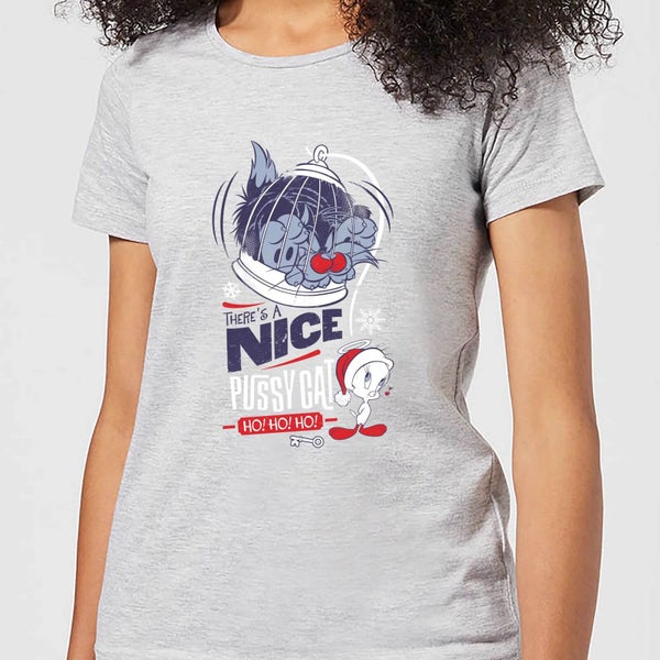 Looney Tunes Tweety Pie Pussy Cat Women's Christmas T-Shirt - Grey