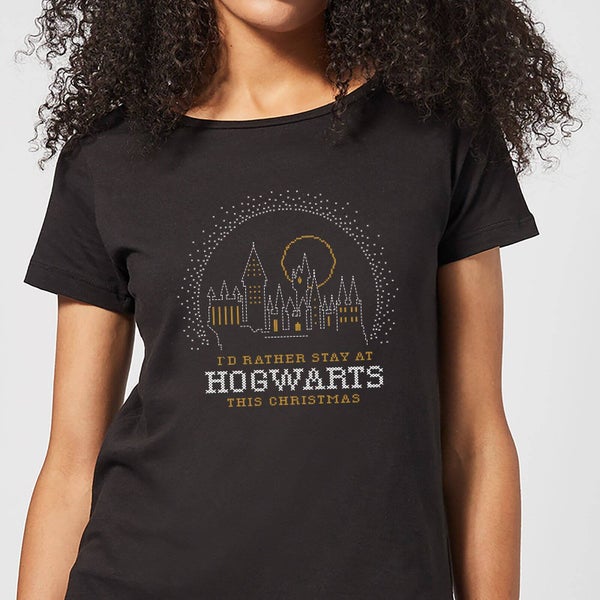 Harry Potter I'd Rather Stay At Hogwarts Women's Christmas T-Shirt - Black