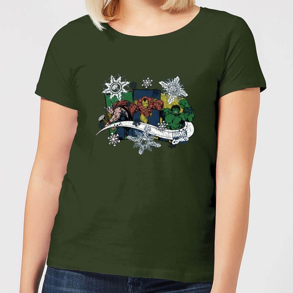 Marvel Thor Iron Man Hulk Snowflake Women's Christmas T-Shirt - Forest Green
