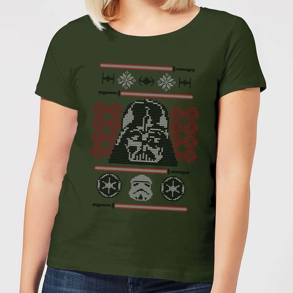 Star Wars Darth Vader Face Knit Women's Christmas T-Shirt - Forest Green