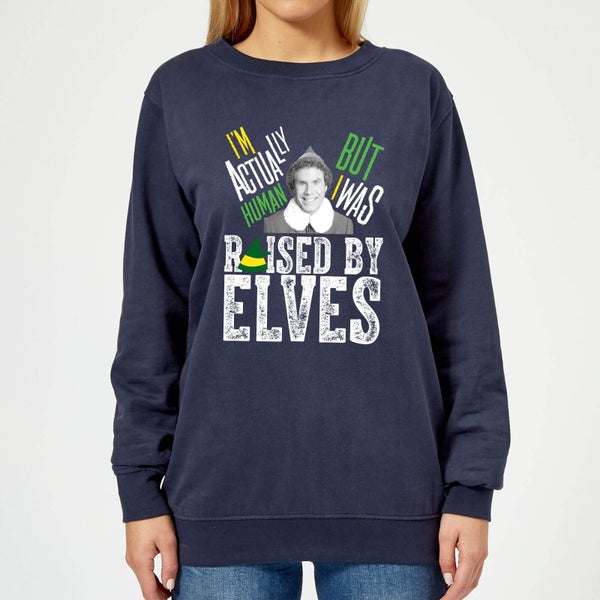 Elf Raised By Elves Women's Christmas Jumper - Navy