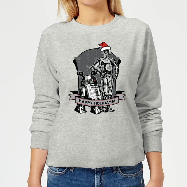 Star Wars Happy Holidays Droids Women's Christmas Sweatshirt - Grey