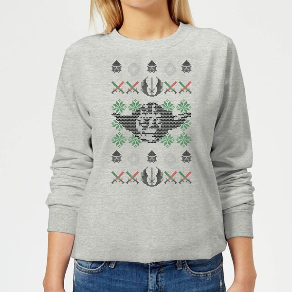Star Wars Yoda Face Knit Women's Christmas Sweatshirt - Grey