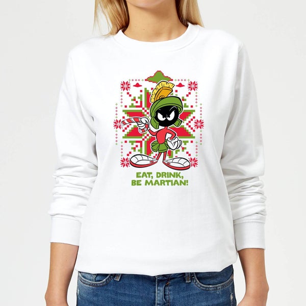 Looney Tunes Eat Drink Be Martian Women's Christmas Sweater - White