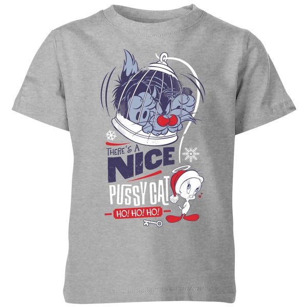 Looney Tunes Tweety Pie Pussy Cat Kids' Christmas T-Shirt - Grey