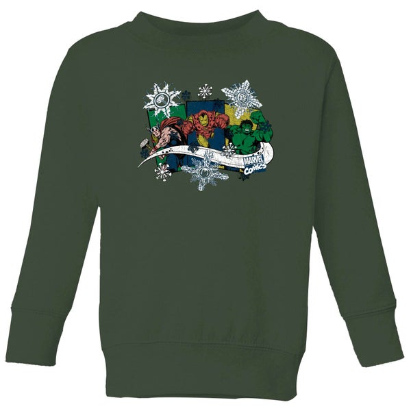 Marvel Thor Iron Man Hulk Snowflake Kids' Christmas Jumper - Forest Green