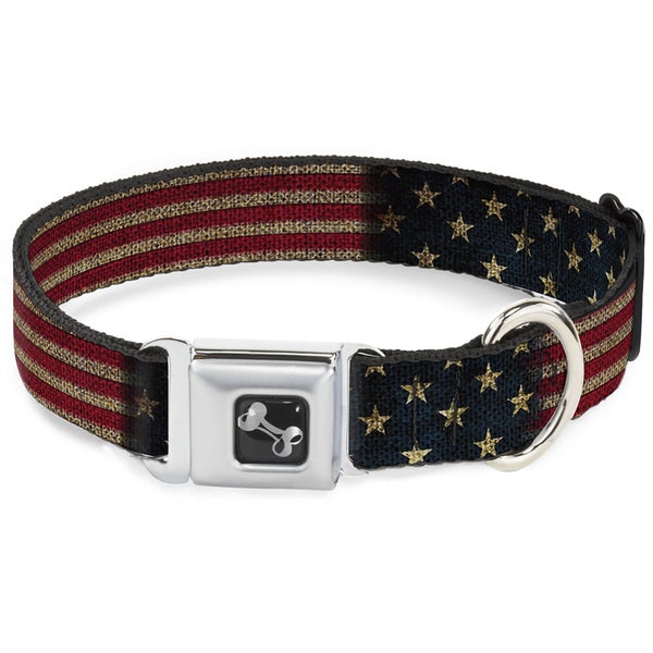 Buckle-Down Vintage US Flag Stretch Bone Seatbelt Dog Collar (Various Sizes)