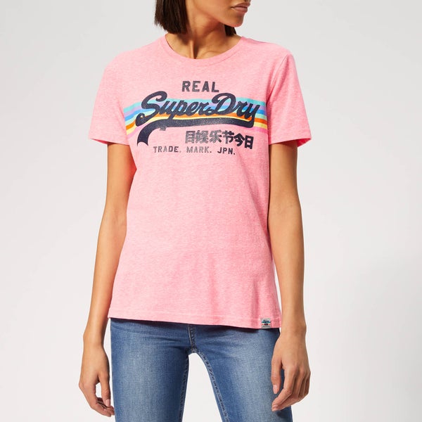 Superdry Women's V Logo Retro Rainbow Entry T-Shirt - Neon Pink Snowy