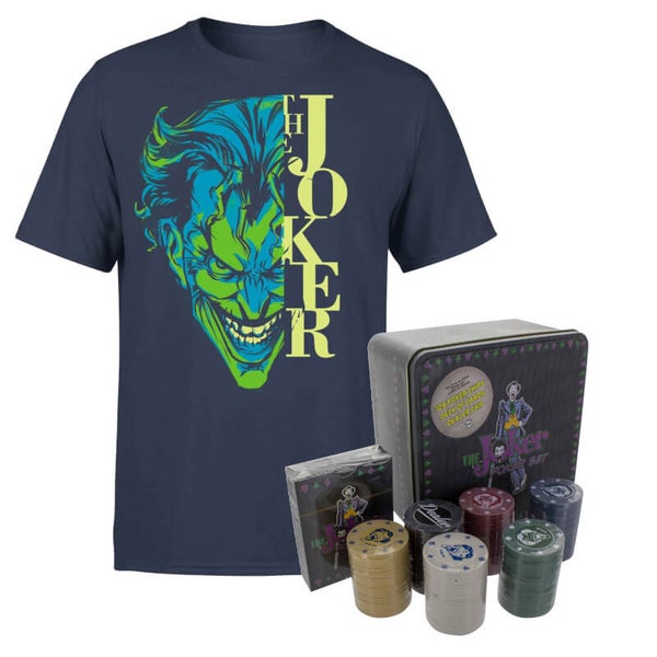 DC Comics Batman Split Joker Stare Navy T-shirt & Joker Poker Set