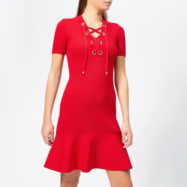 MICHAEL MICHAEL KORS Women's Lace Up Short Sleeve Flare Rib Dress - Scarlet