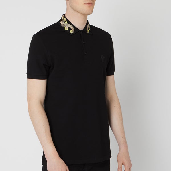 Versace Collection Men's Collar Embroidered Polo Shirt - Black