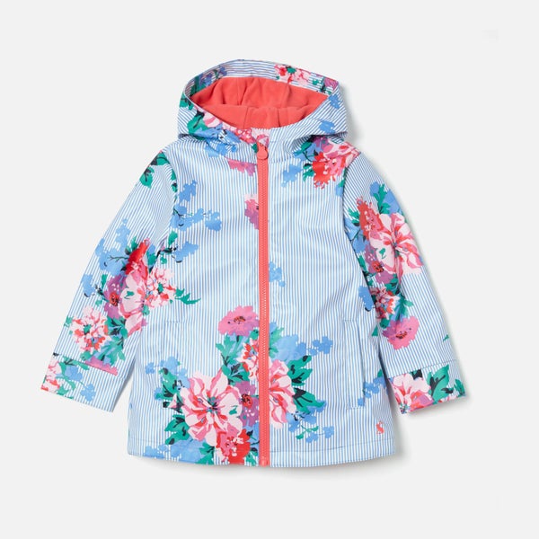 Joules Girls' Raindance Waterproof Coat - Sky Blue Stripe Floral